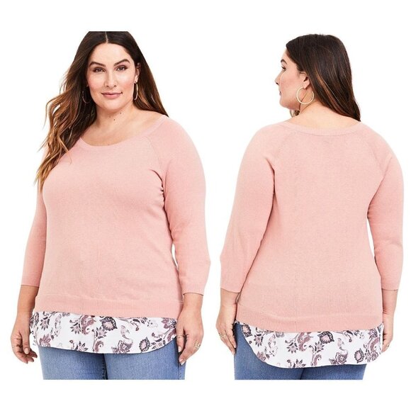 TORRID Peach Pink Raglan 2fer Sweater w/ Paisley Underhem Boatneck Size 4 - Picture 1 of 8